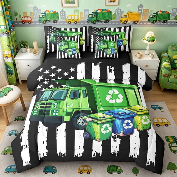 Castle Fairy Patriotic Recycle Truck Twin Bedding Sets 7-Piece for Adults, Eco Garbage Bin Bedding Comforter Set for Bedroom, Black White Green,Black Reversible