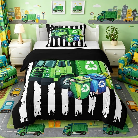 Castle Fairy Patriotic Recycle Truck Twin Comforter Sets 3-Piece for Adults, Eco Garbage Bin Bedding Set for Bedroom, Black White Green,Black Reversible
