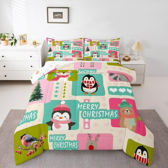 Castle Fairy Penguin Bear 3-Piece Full Size Comforter Sets for Kids,Merry Christmas Bedding Comforter Set,Cartoon Animal Lightweight Bedding Sets,Microfiber Bedroom Decor