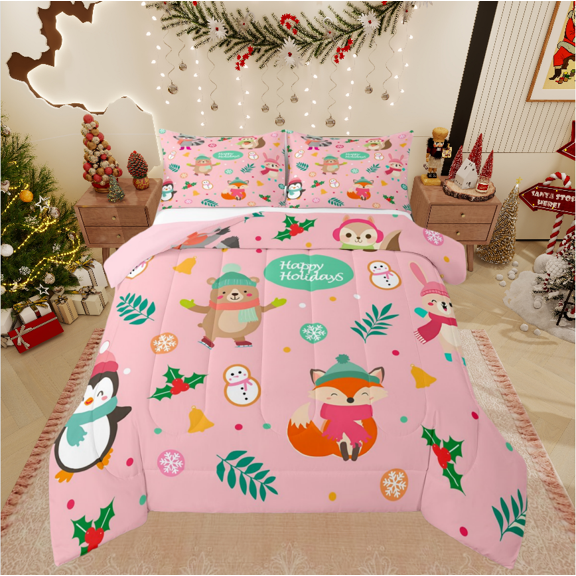 Castle Fairy Penguin Bear Fox 3 Pieces Queen Comforter Set for Kids,Cartoon Animal Ultra Soft Bedding Sets,Festival Xmas Bedding Comforter Set,Microfiber Bedroom Decor