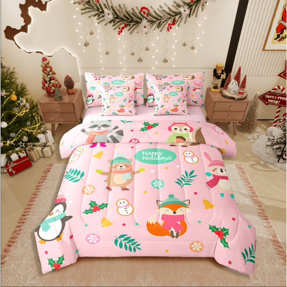 Castle Fairy Penguin Bear Fox 7-Piece Twin Bedding Sets for Kids,Cartoon Animal Bedding Comforter Set,Festival Xmas Breathable Sheet Sets,Microfiber Bedroom Decor