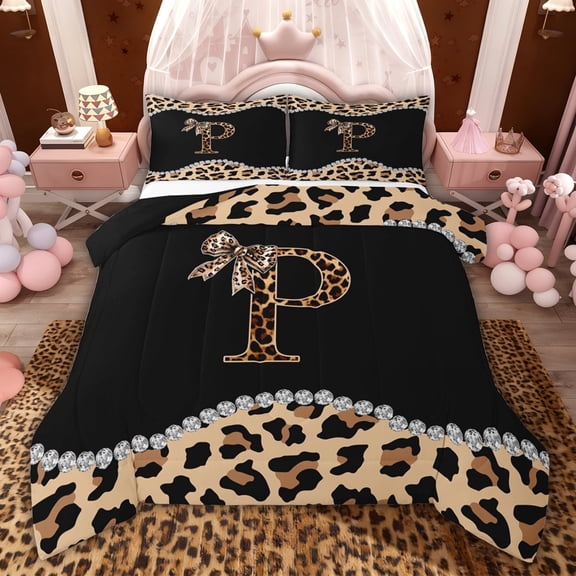 Castle Fairy Personalized Alphabet P Full Size Comforter Sets,Leopard Print Bedding Sets