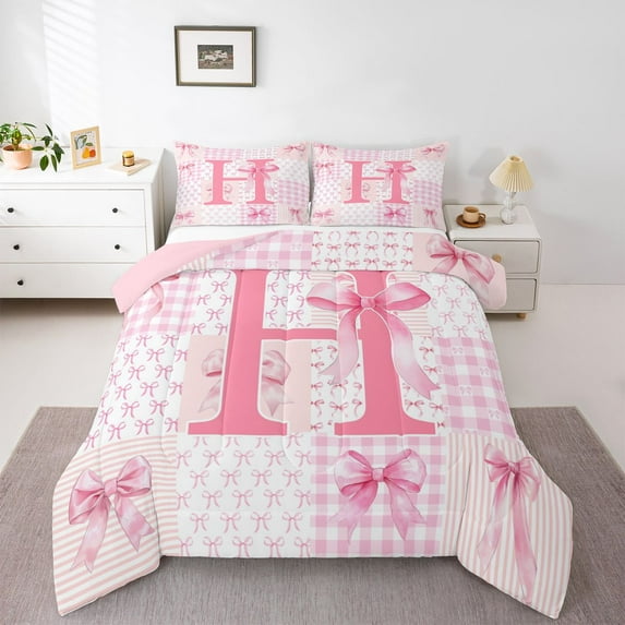 Castle Fairy Personalized Alphabet Pink H Full Size Comforter Sets,Bow Tie Bedding Sets