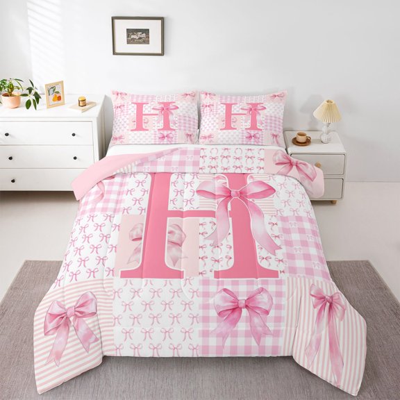 Castle Fairy Personalized Alphabet Pink H Queen Comforter Set,Bow Bedding Comforter Set