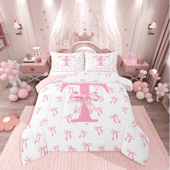 Castle Fairy Personalized Initial 2-Piece Twin Comforter Set, Bow Alphabet Kids Bedding