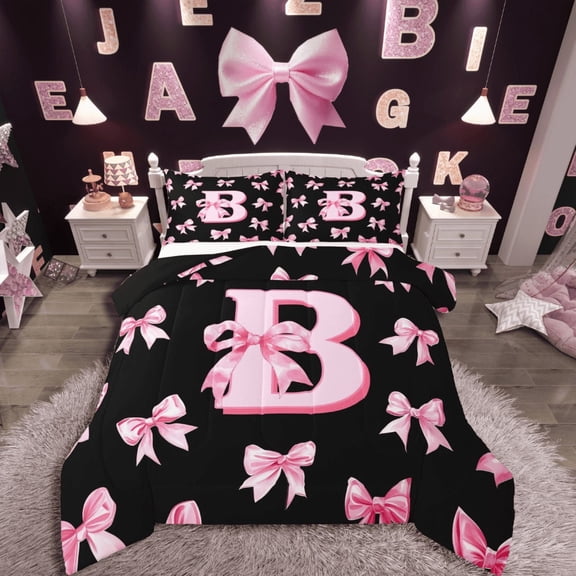 Castle Fairy Personalized Initial 3-Piece Full Comforter Set, Black Pink Princess Bedding