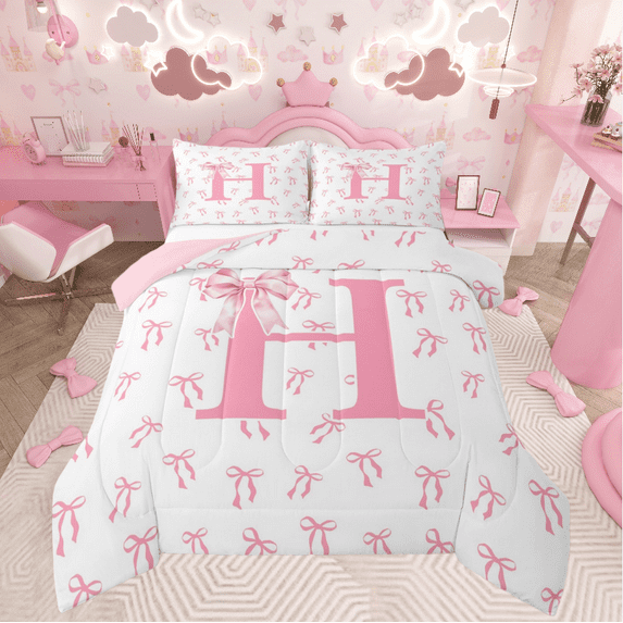 Castle Fairy Personalized Initial 3-Piece Full Comforter Set, Bow Alphabet Kids Bedding