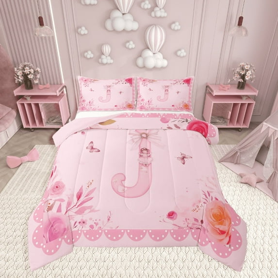 Castle Fairy Personalized Initial 3-Piece Full Size Comforter Sets,Pink Bow Rose Bedding Comforter Set,Flying Butterfly Lightweight Bedding Sets,Breathable Flower Home Decor,Reversible
