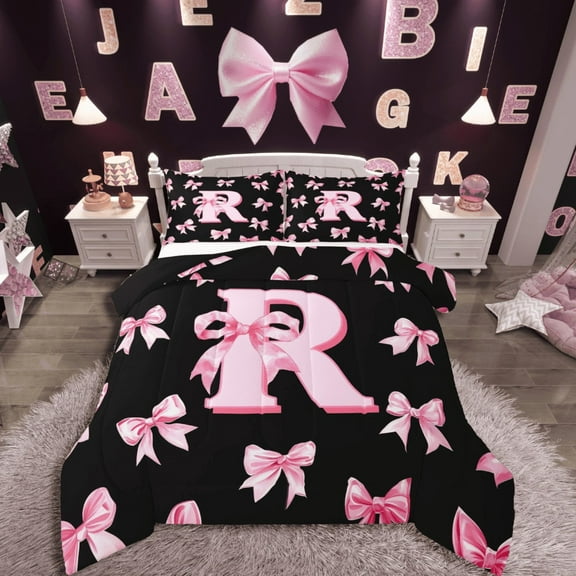 Castle Fairy Personalized Initial 3 Pieces Queen Comforter Set,Dreamy Princess Ultra Soft Bedding Sets,Black Pink Bedding Comforter Set,Lightweight Kawaii Room Decor,Reversible