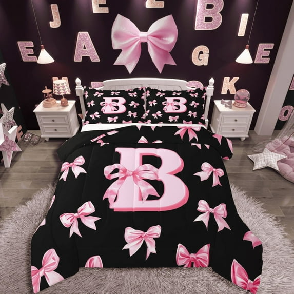 Castle Fairy Personalized Initial 3pcs King Size Comforter Sets,Dreamy Princess Bedding Comforter Set,Black Pink Super Cozy Bedding Set,Lightweight Kawaii Room Decor,Reversible