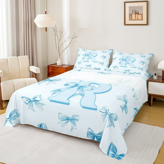Castle Fairy Personalized Initial 3pcs Twin Sheet Sets,Dreamy Princess Twin Fitted Sheet,Blue Bow Breathable Flat Sheet,Lightweight Kawaii Room Decor