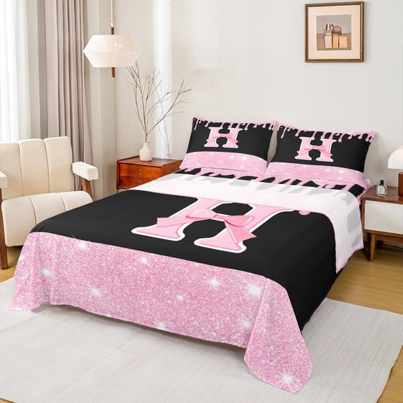 Castle Fairy Personalized Initial 3pcs Twin Sheet Sets,Kawaii Bowknot Twin Fitted Sheet,Bling Glitter Breathable Flat Sheet,Super Cozy Dreamy Room Decor