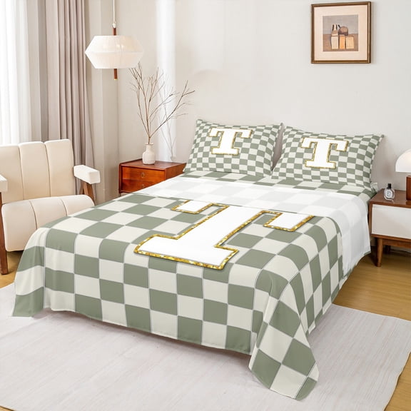 Castle Fairy Personalized Initial 3pcs Twin Sheet Sets for Kids,Geometric Lattice Twin Fitted Sheet,Golden Glitter Breathable Flat Sheet,Luxury Bedroom Decor