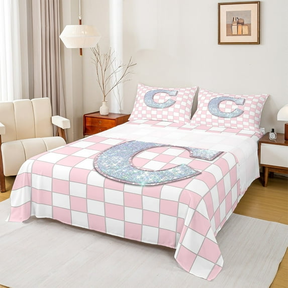 Castle Fairy Personalized Initial 3pcs Twin Sheet Sets for Kids,Geometric Lattice Twin Fitted Sheet,Silver Glitter Breathable Flat Sheet,Luxury Bedroom Decor