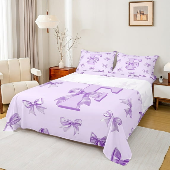 Castle Fairy Personalized Initial 4-Piece Full Size Sheets,Dreamy Princess Bed Sheets,Purple Bow Lightweight Sheet Sets,Lightweight Kawaii Room Decor