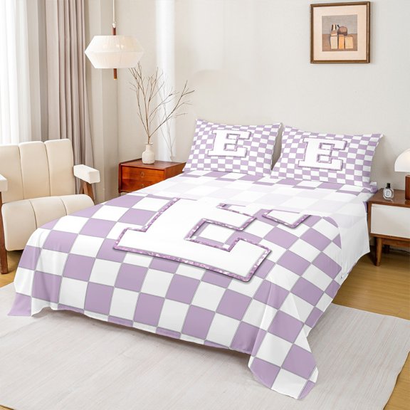 Castle Fairy Personalized Initial 4-Piece Full Size Sheets for Kids,Geometric Lattice Bed Sheets,Purple Glitter Lightweight Sheet Sets,Luxury Bedroom Decor