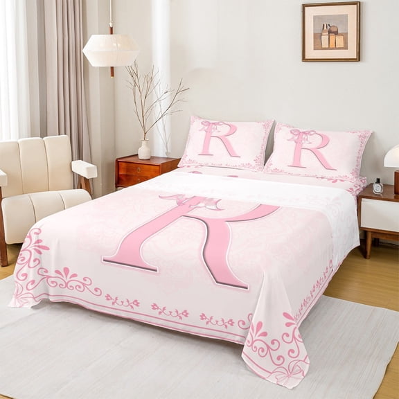 Castle Fairy Personalized Initial 4-Piece Full Size Sheets,Pink Bowknot Bed Sheets,Chic Flower Lightweight Sheet Sets,Breathable Kawaii Home Decor