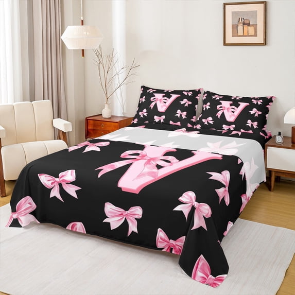 Castle Fairy Personalized Initial 4pcs Bed Sheets,Dreamy Princess King Sheets,Black Pink Super Cozy Sheet Set,Lightweight Kawaii Room Decor