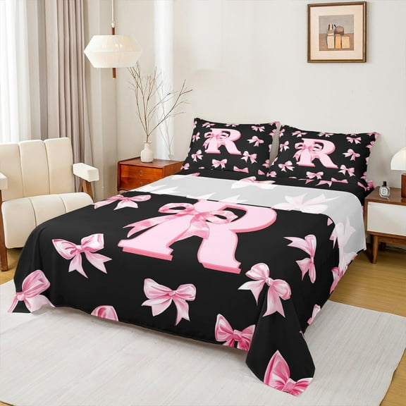 Castle Fairy Personalized Initial 4pcs Bed Sheets,Dreamy Princess King Sheets,Black Pink Super Cozy Sheet Set,Lightweight Kawaii Room Decor