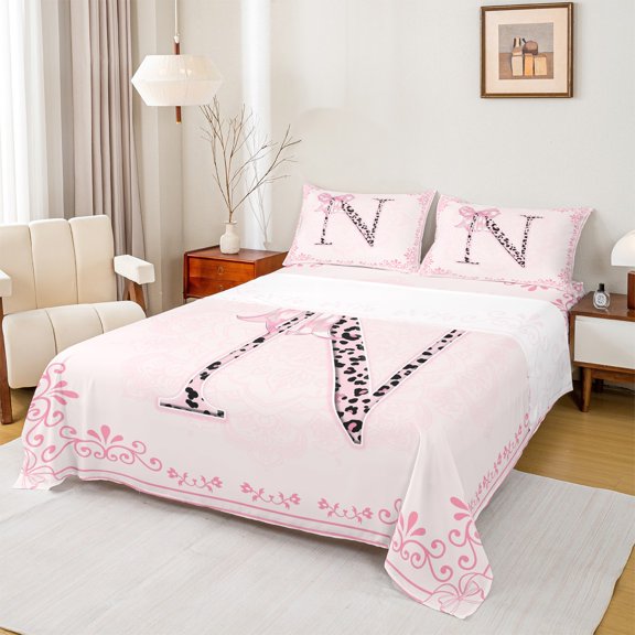 Castle Fairy Personalized Initial 4-Piece Bed Sheet Set, King Size, Floral Bowknot, Leopard Print
