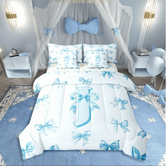 Castle Fairy Personalized Initial 7-Piece Bedding Comforter Set,Dreamy Princess King Bedding Sets,Blue Bow Ultra Soft Bed Sheets,Lightweight Kawaii Room Decor,Reversible