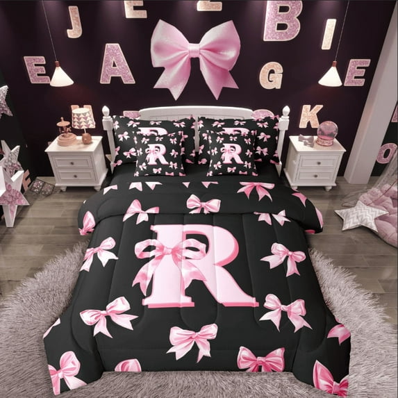 Castle Fairy Pink White And Black Toddler Bed Set 7-Piece,Black Pink Bow Quilts Bedding Comforter Set,R Letter Girls Bedding Sets For Twin Beds