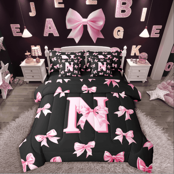 Castle Fairy Cartoon Bow Knot Toddler Sheets 7-Piece,Black Pink Girls Bedding Sets For Twin Beds,N Letter Baby Girl Bedroom Set