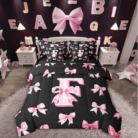 Castle Fairy Personalized Initial 7-Piece Twin Bedding Sets,Dreamy Princess Bedding Comforter Set,Black Pink Breathable Sheet Sets,Lightweight Kawaii Room Decor,Reversible