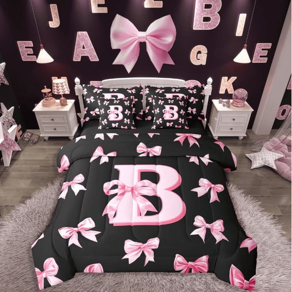 Castle Fairy Personalized Initial 7-Piece Twin Bedding Sets,Dreamy Princess Bedding Comforter Set,Black Pink Breathable Sheet Sets,Lightweight Kawaii Room Decor,Reversible
