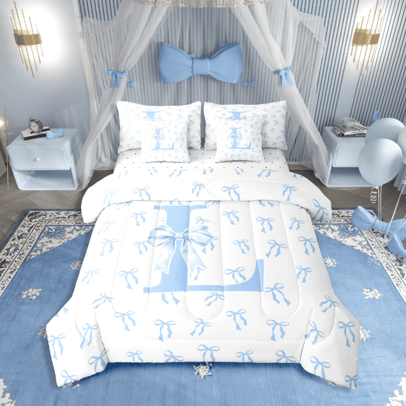 Castle Fairy Personalized Initial 7-Piece Twin Bedding Sets for Kids,Bow Alphabet Bedding Comforter Set,Dreamy Princess Breathable Sheet Sets,Lightweight Room Decor