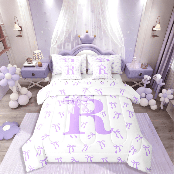 Castle Fairy Personalized Initial 7-Piece Twin Bedding Sets for Kids,Bow Alphabet Bedding Comforter Set,Dreamy Princess Breathable Sheet Sets,Lightweight Room Decor