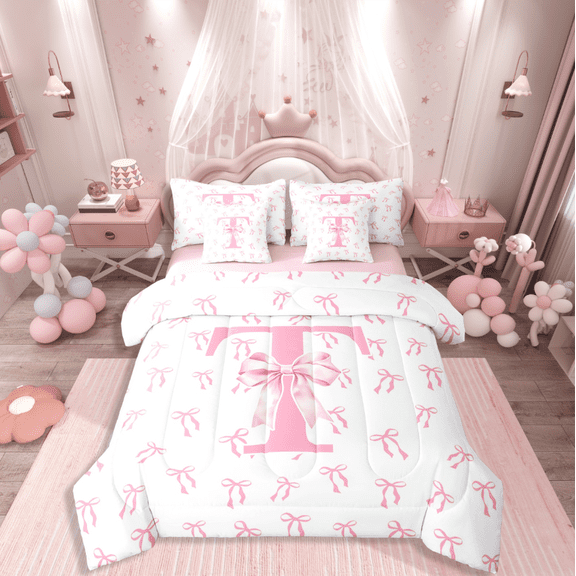 Castle Fairy Personalized Initial 7-Piece Twin Bedding Sets for Kids,Bow Alphabet Bedding Comforter Set,Dreamy Princess Breathable Sheet Sets,Lightweight Room Decor