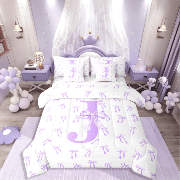 Castle Fairy Personalized Initial 7-Piece Twin Bedding Sets for Kids,Bow Alphabet Bedding Comforter Set,Dreamy Princess Breathable Sheet Sets,Lightweight Room Decor
