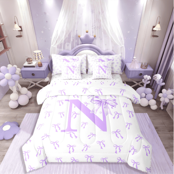 Castle Fairy Personalized Initial 7-Piece Twin Bedding Sets for Kids,Bow Alphabet Bedding Comforter Set,Dreamy Princess Breathable Sheet Sets,Lightweight Room Decor