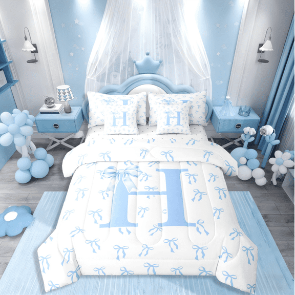 Castle Fairy Personalized Initial 7-Piece Twin Bedding Sets for Kids,Bow Alphabet Bedding Comforter Set,Dreamy Princess Breathable Sheet Sets,Lightweight Room Decor