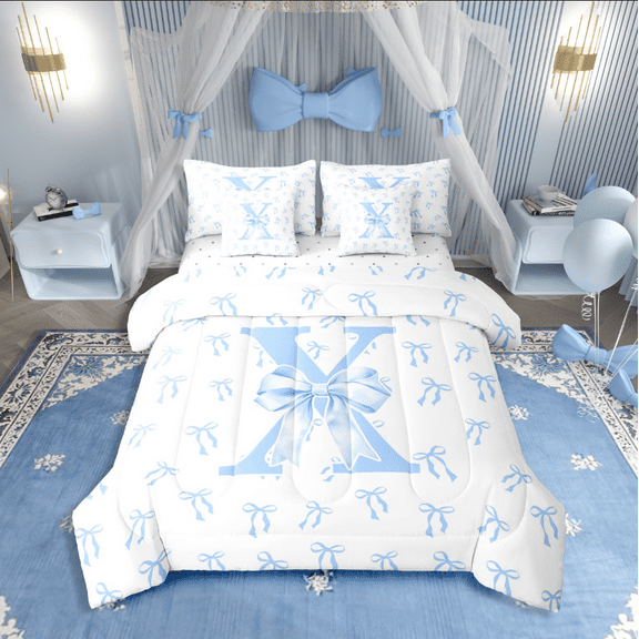 Castle Fairy Personalized Initial 7-Piece Twin Bedding Sets for Kids,Bow Alphabet Bedding Comforter Set,Dreamy Princess Breathable Sheet Sets,Lightweight Room Decor