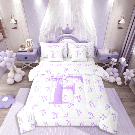 Castle Fairy Personalized Initial 7-Piece Twin Bedding Sets for Kids,Bow Alphabet Bedding Comforter Set,Dreamy Princess Breathable Sheet Sets,Lightweight Room Decor