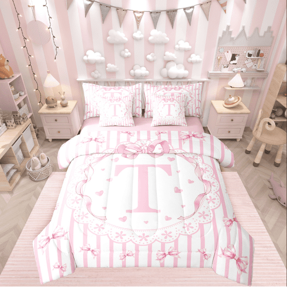 Castle Fairy Personalized Initial 7-Piece Twin Bedding Sets for Kids,Bowknot Stripes Bedding Comforter Set,Dreamy Princess Breathable Sheet Sets,Breathable Home Decor