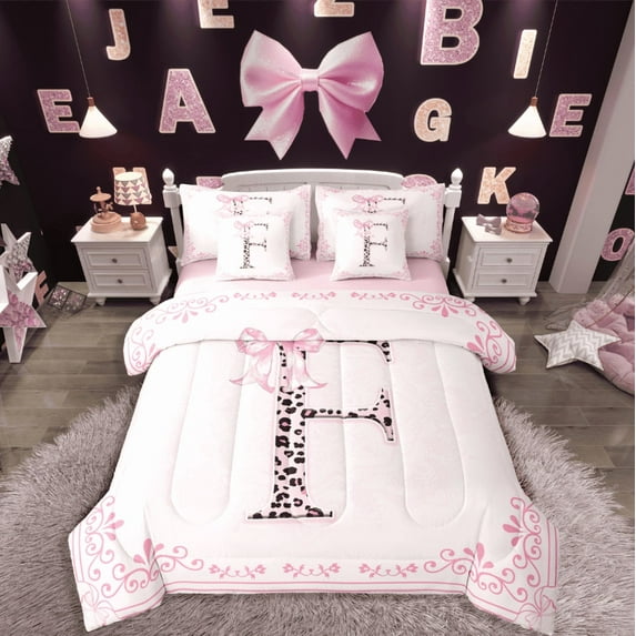 Castle Fairy Personalized Initial 7 Pieces Bedding Comforter Set,Floral Bowknot Full Bedding Set Lightweight,Leopard Print Fitted Sheet Flat Sheet,Super Cozy Kawaii Room Decor,Reversible