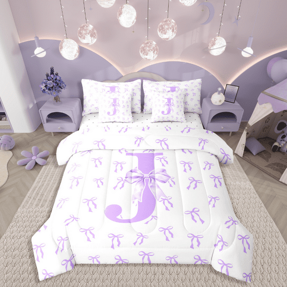 Castle Fairy Personalized Initial 7 Pieces Bedding Comforter Set for Kids,Bow Alphabet Full Bedding Set Lightweight,Dreamy Princess Fitted Sheet Flat Sheet,Lightweight Room Decor