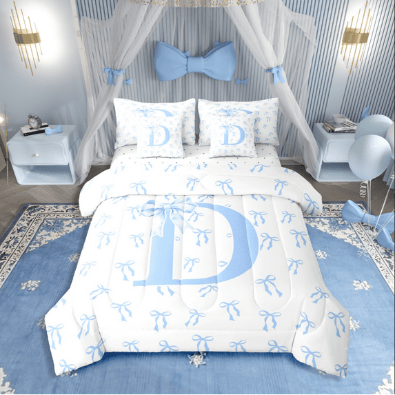 Castle Fairy Personalized Initial 7 Pieces Bedding Comforter Set for Kids,Bow Alphabet Full Bedding Set Lightweight,Dreamy Princess Fitted Sheet Flat Sheet,Lightweight Room Decor