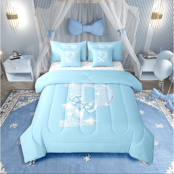 Castle Fairy Personalized Initial 7pcs Bedding Comforter Set for Children,Bow Alphabet Queen Bedding Sets Super Cozy,Bling Glitter Queen Sheet Sets,Luxury Bedroom Decor