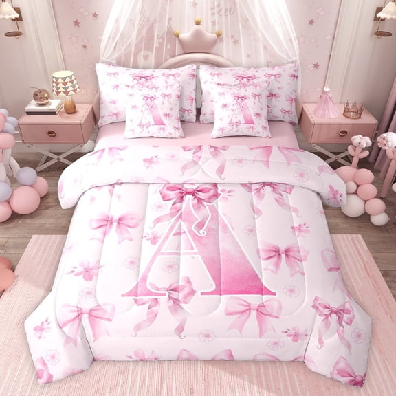 Castle Fairy Personalized Initial A Twin Bedding Sets,Pink Bow Bedding Comforter Set