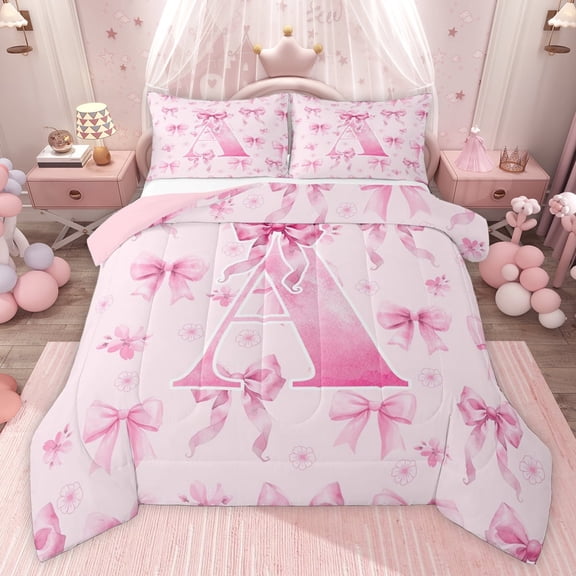 Castle Fairy Personalized Initial A Twin Comforter Sets,Kawaii Pink Ribbon Bow Bedding Set
