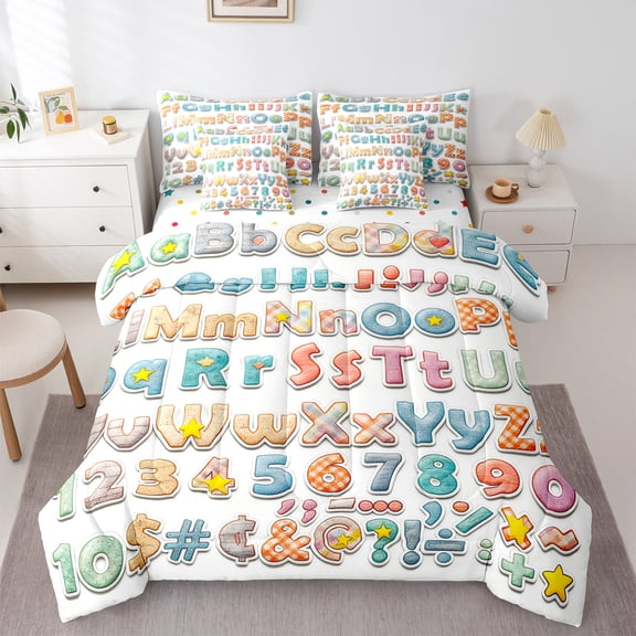 Castle Fairy Personalized Initial Alphabet 7 Pieces Bedding Comforter Set for Teens Women Men,Cartoon Number Full Bedding Set Lightweight,Plaid Stripes Stars Print Fitted Sheet Flat Sheet