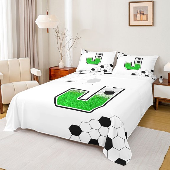 Castle Fairy Personalized Initial Alphabet J 4 Pieces Queen Sheet Sets for Kids Teenagers,Sport Gamer Soccer Ultra Soft Flat Sheet,Abstract Gradient Glitter Hexagon Queen Fitted Sheet