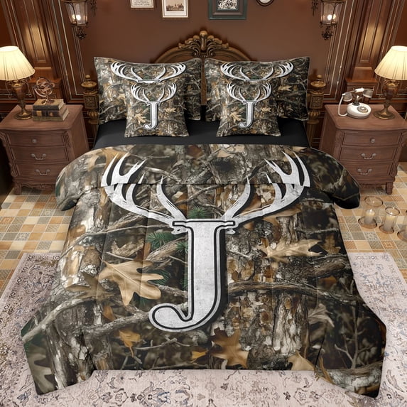 Castle Fairy Personalized Initial Alphabet J Bedding Comforter Set 7-Piece for Boys Girls,Botanical Tree Branches King Bedding Sets,Jungle Animal Deer Ultra Soft Bed Sheets,Lightweight Room Decor