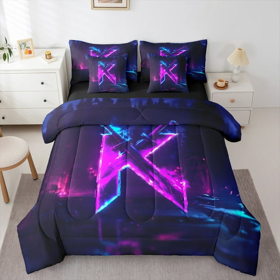 Castle Fairy Personalized Initial Alphabet K 7Pcs Bedding Comforter Set for Teens Children,Alphabet Lightsaber Queen Bedding Sets Super Cozy,Abstract Retro Queen Sheet Sets,Luxury Bedroom Decor