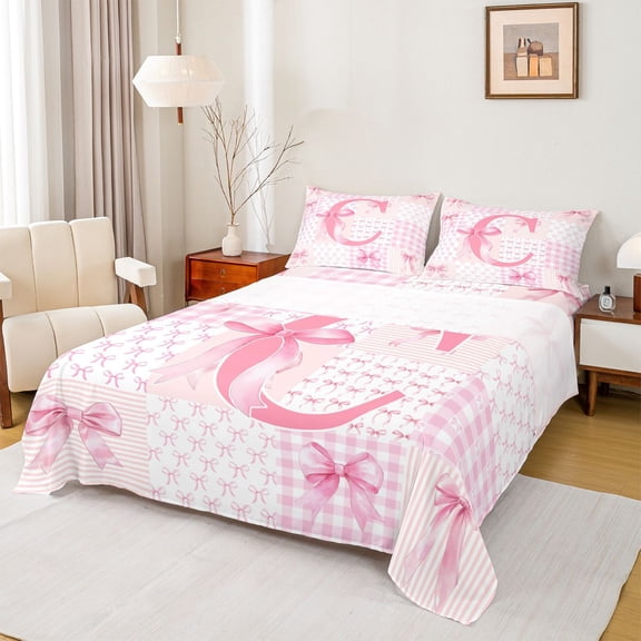 Castle Fairy Personalized Initial Alphabet Pink C Bed Sheets,Dreamy Bow Tie King Sheets