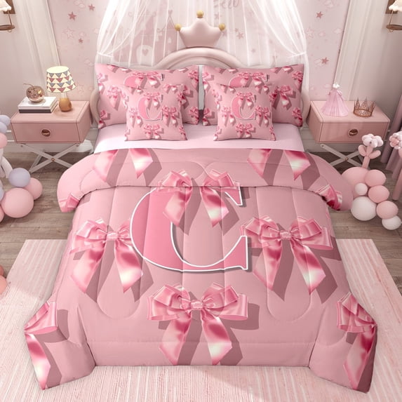 Castle Fairy Personalized Initial Alphabet Pink C Twin Bedding Sets 7-Piece for Adults Female Men Women,Dreamy Princess Bow Tie Bedding Comforter Set Microfiber,Cartoon Ribbon Bow Initial Sheet Sets
